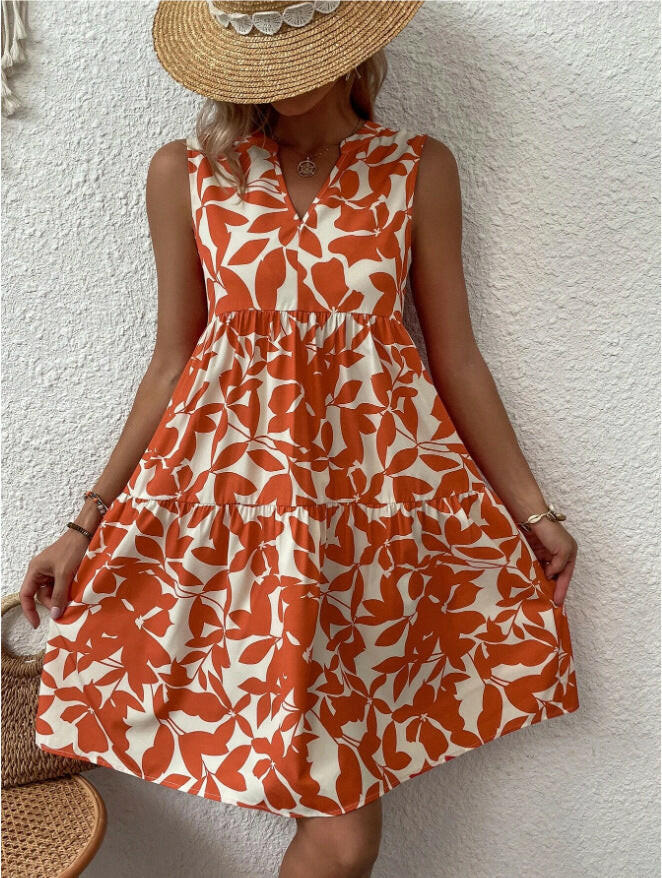 Bohemian Dresses Summer Beach Fashion Loose V-neck Pleated Print Sleeveless Dress For Women.