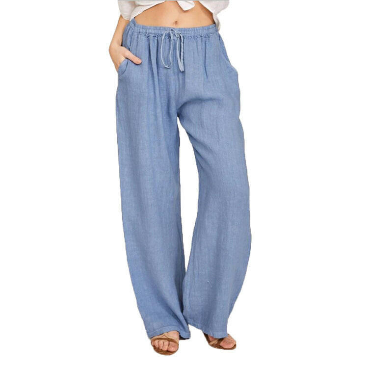 Soft Casual Drawstring Tie Trousers Summer Elastic Waist Loose Jogger Pants With Pockets.