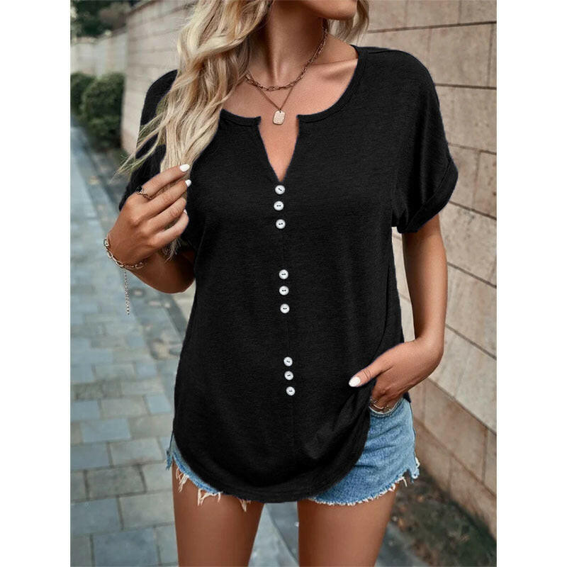V-neck Short Sleeve Tops Shirt Summer Button Design Blouse.