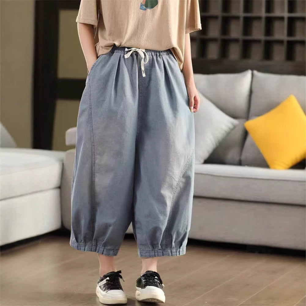 Retro Cotton Denim Pants Women's Belted Elastic Waist Dad Pants Loose and Slimming Nine-Point Pants Summer