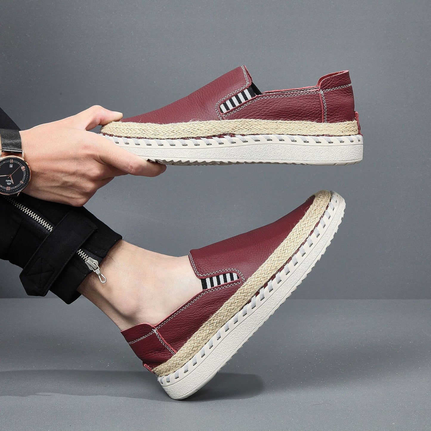 Handmade leather sewn massage shoe toe layer cowhide casual fisherman one foot men's shoes