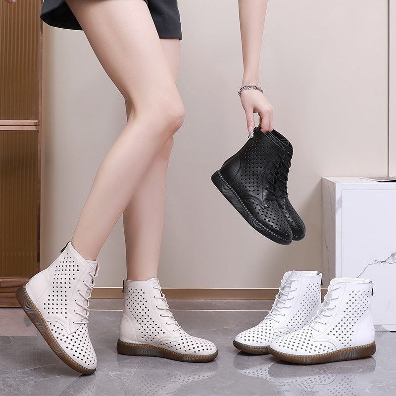 Flat bottomed soft leather perforated boots versatile oversized retro hollowed out Martin boots for women