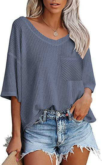 V-neck Shirts Women Summer Short Sleeve Green Tops With Patched Pocket.