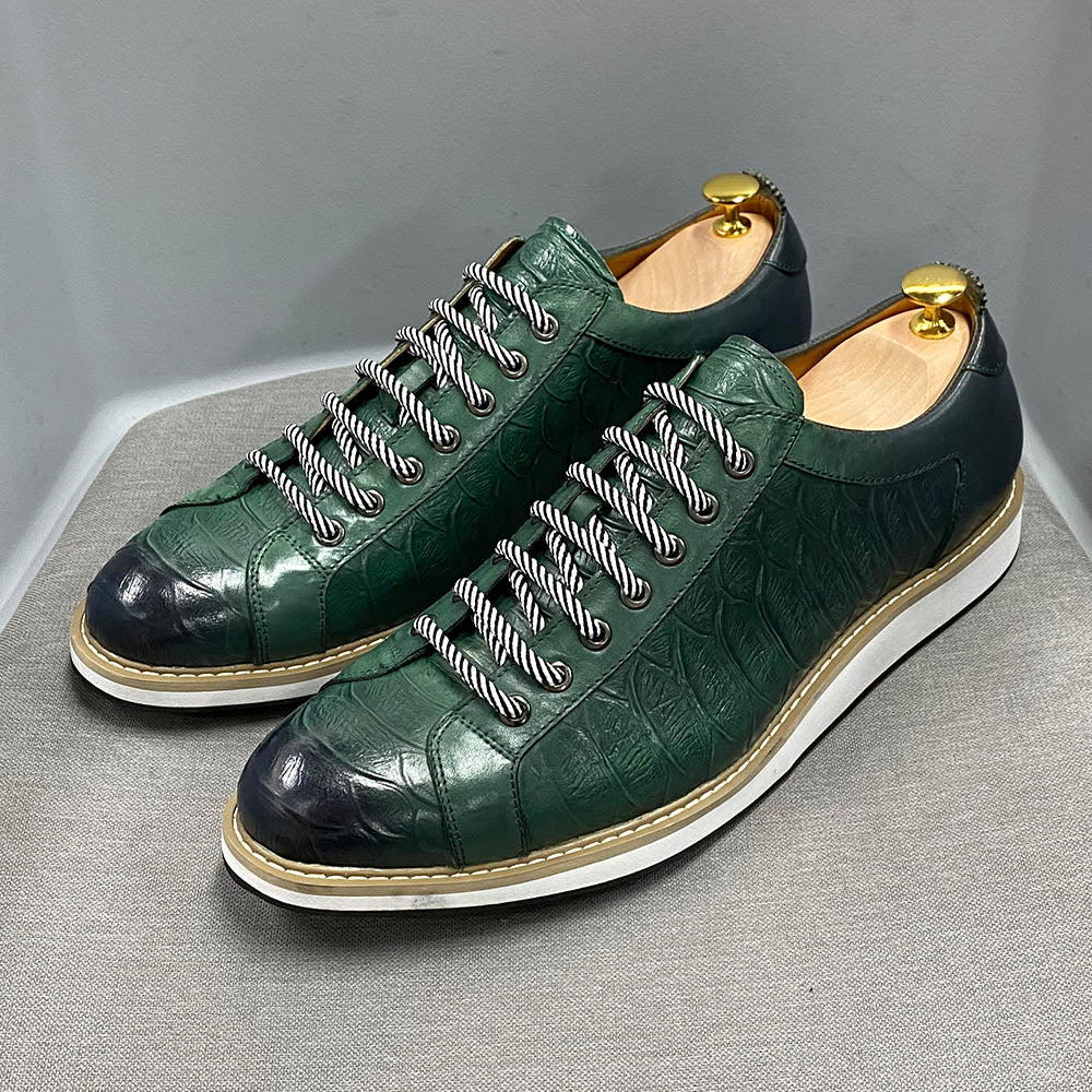 European Style Men's Casual Shoes Real Cow Leather Green Black Fashion Designer Luxury Crocodile Print Street Flat Shoes for Men