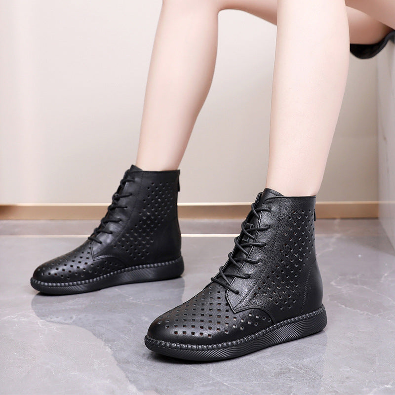 Flat bottomed soft leather perforated boots versatile oversized retro hollowed out Martin boots for women