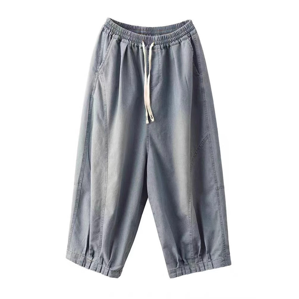 Retro Cotton Denim Pants Women's Belted Elastic Waist Dad Pants Loose and Slimming Nine-Point Pants Summer