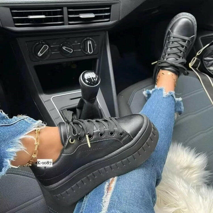 Chunky Heel Shoes Ankle Boots Lace-up Sneakers For Women.