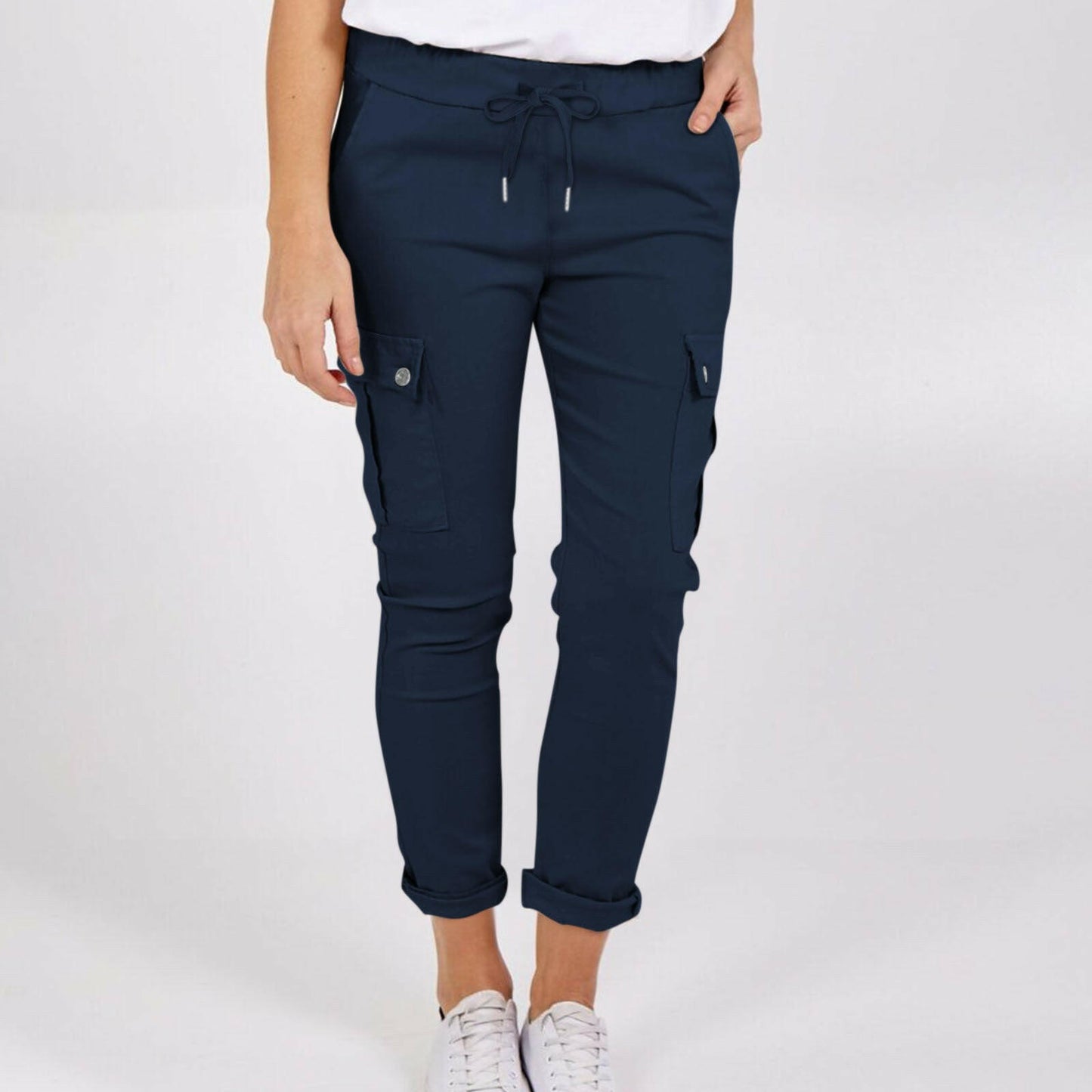 Casual Cargo Pants With Pockets Solid Color Drawstring Waist Pencil Trousers For Women.