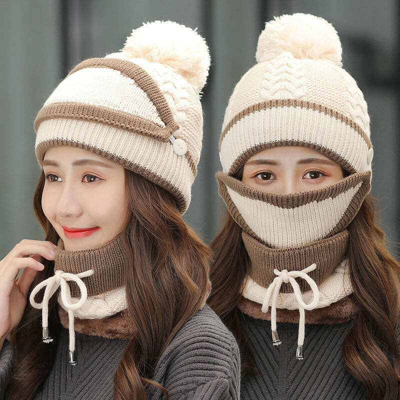 Winter Hat For Women 3pcs Knitted Beanie Hat Scarf Set Warm Hat.