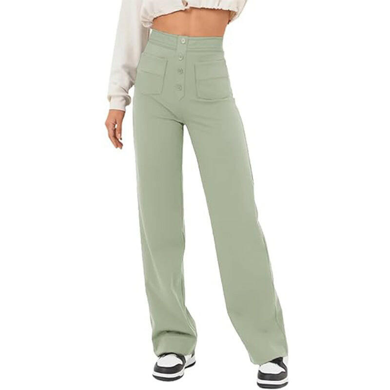 High Waist Trousers With Pockets Casual Loose Wide Leg Button Straight Pants Women's Clothing.
