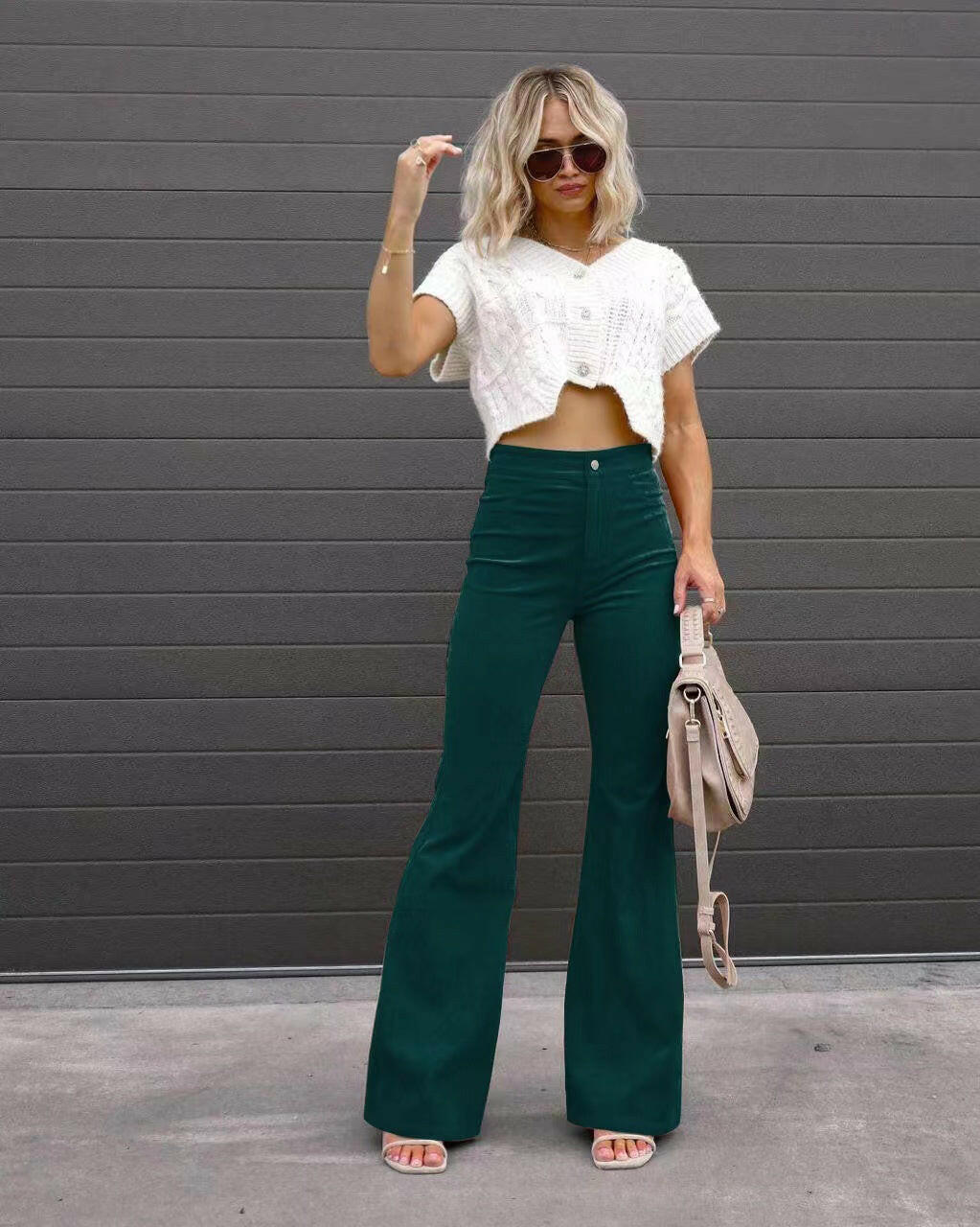 Solid Color Mid-waist Slim-fit Micro Flared Pants Corduroy.