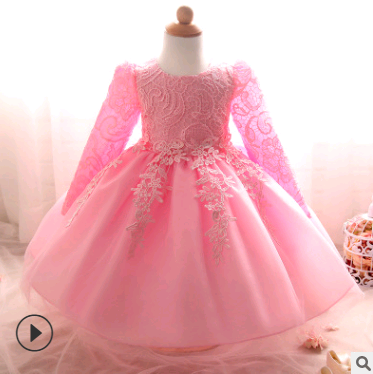 Long-sleeved girls dress rose children's wedding dress skirt.