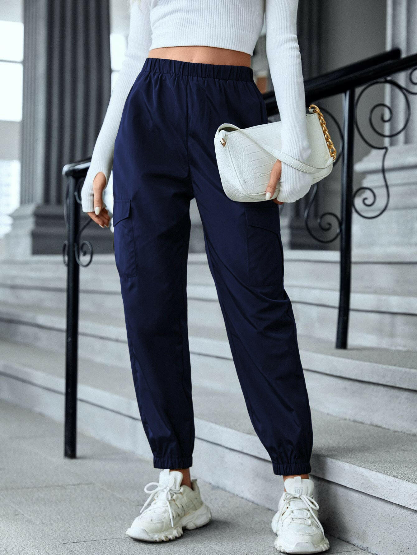New Cargo Pants Fashion Casual Multi-pocket Elastic Waist Pencil Pants For Women.