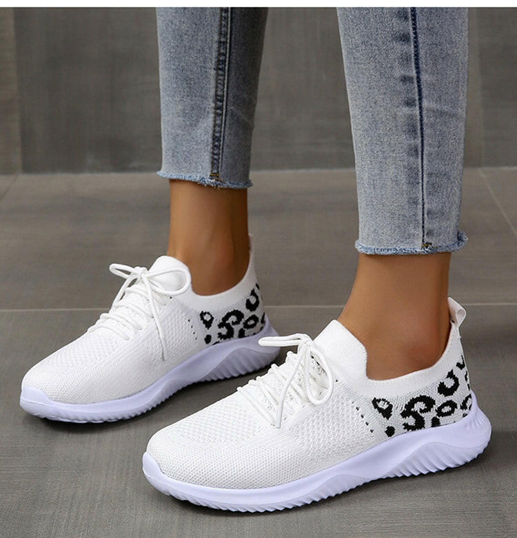 White Shoes Women Leopard Print Lace-up Sneakers Sports.