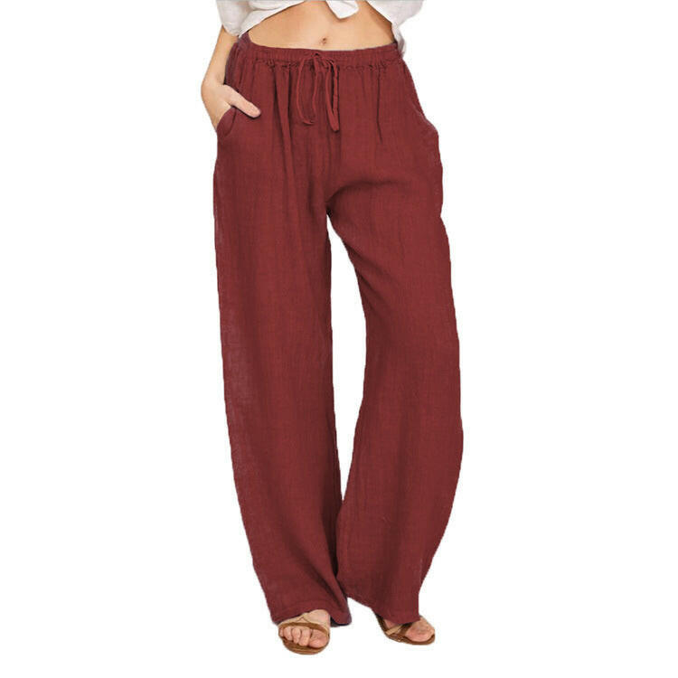 Soft Casual Drawstring Tie Trousers Summer Elastic Waist Loose Jogger Pants With Pockets.