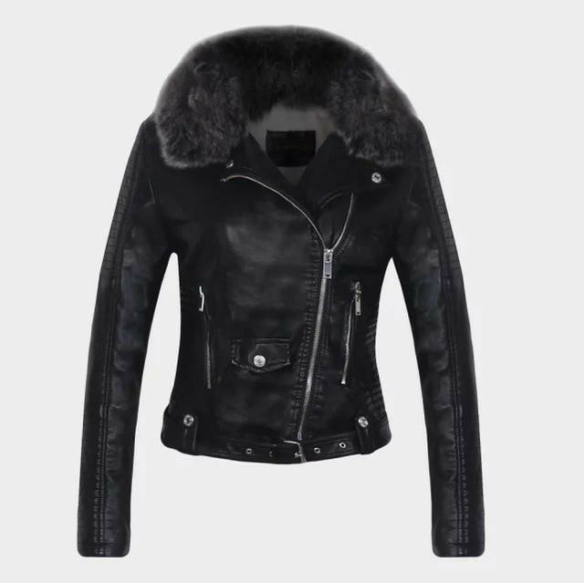 DETACHABLE FUR COLLAR WARM FAUX LEATHER JACKET Kashur Mart .