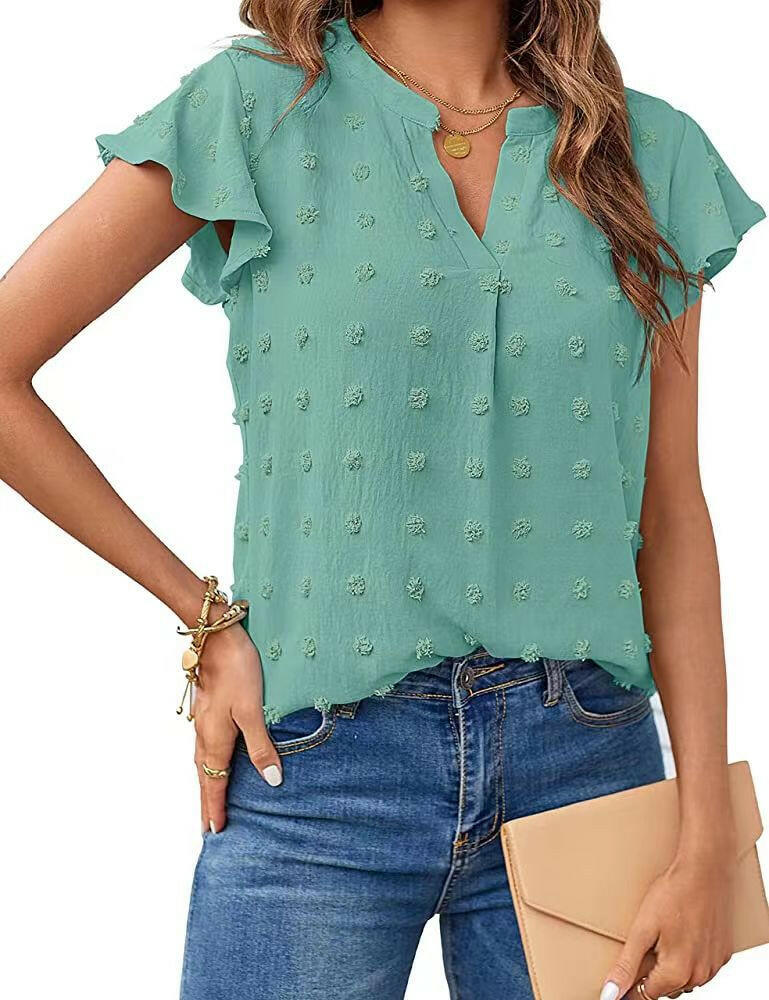 Women Summer V Neck Ruffle Short Sleeve Blouse Dot Flowy Shirt Top.