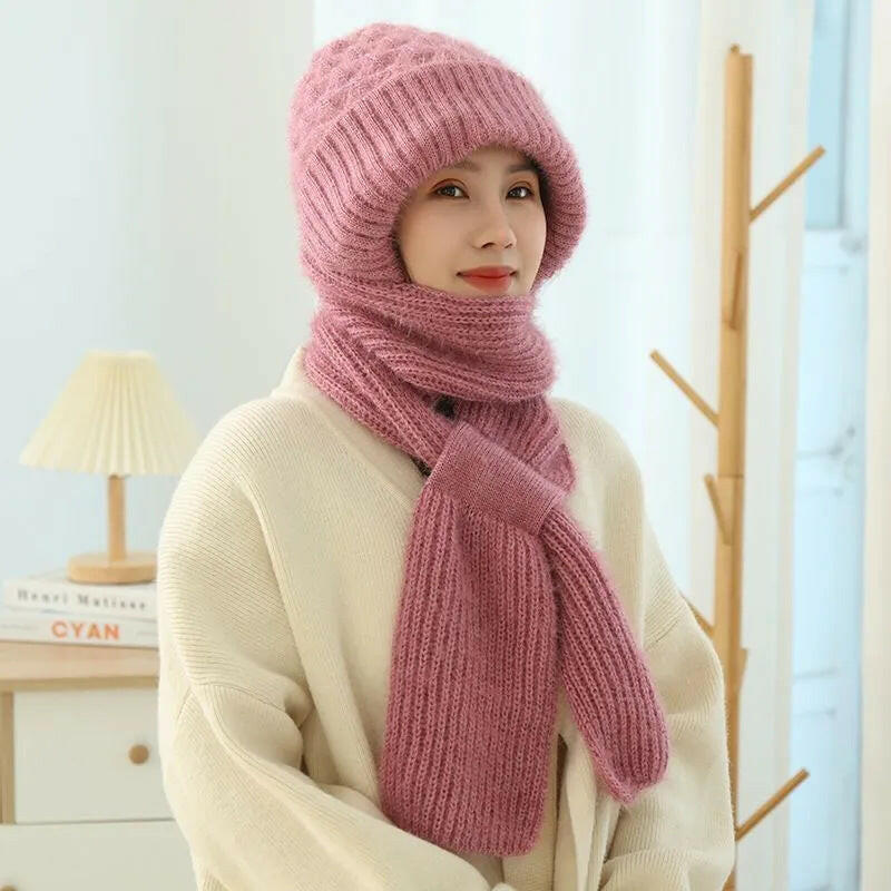 Women's Fleece-lined Scarf And Hat Winter Warm Knitted Hat Scarf.