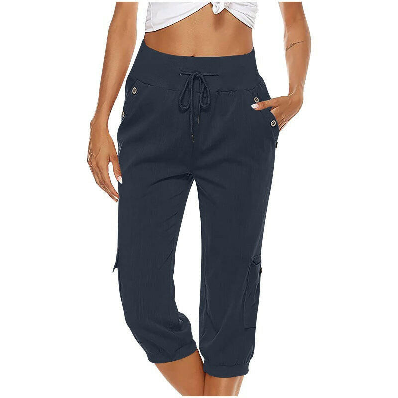 Women's Cropped Pants Cotton Linen Cargo Pocket Casual Pants.