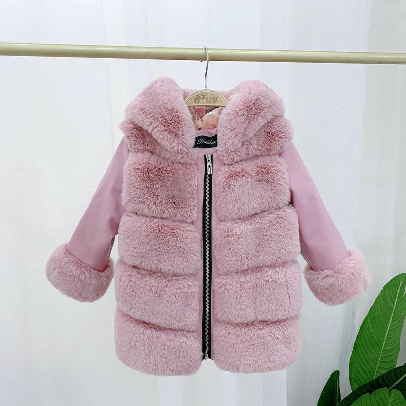 Children's Cotton Coat Rex Rabbit Hooded Faux Fur Coat.