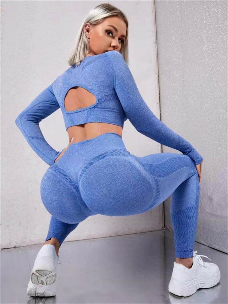 2pcs Sports Suits Long Sleeve Hollow Design Tops And Butt Lifting High Waist Seamless Fitness Leggings Sports Gym Sportswear Outfits Clothing.