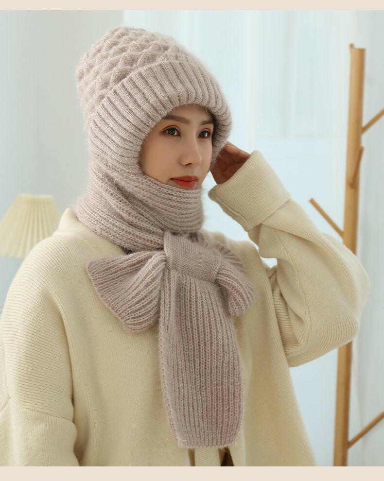 Women's Fleece-lined Scarf And Hat Winter Warm Knitted Hat Scarf.