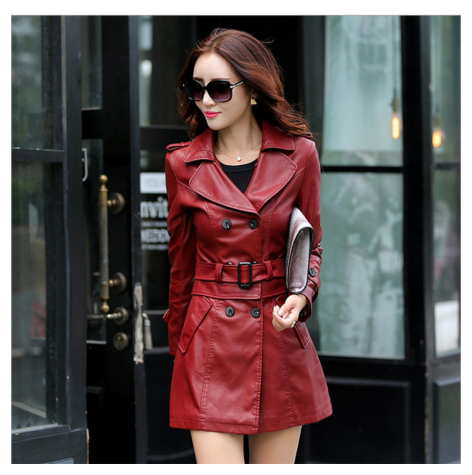 Slim-fit PU leather trench coatrench Kashur Mart .