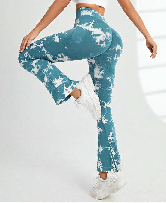 Fashion Tie Dye Printed Yoga Bell-Bottomed Pants Seamless High Waist Quick-drying Fitness Running Sports Leggings Women Flares.
