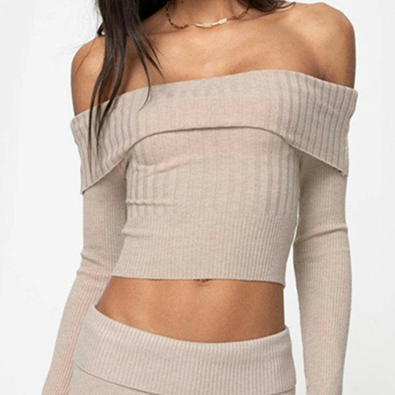 Boat Neck Long Sleeve Knitted Sweater Off-shoulder Crop Short Top SFor Womens Clothing.