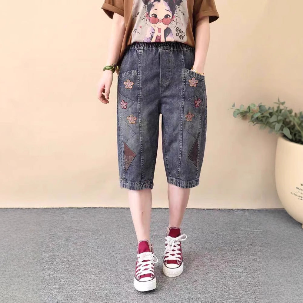 Vintage Ethnic Style Small Embroidered Denim Versatile Women's Loose Plus Size Heart Embroidered Capri Pants Thin
