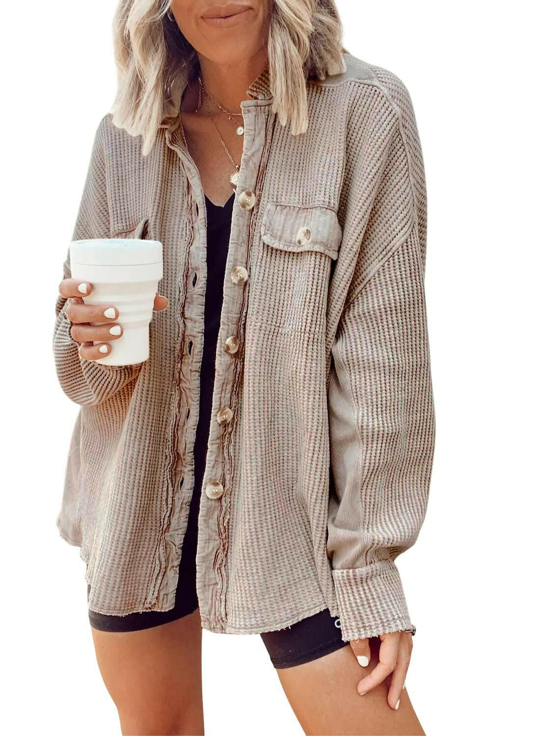Button Shirt Jacket Women Lapel Long Sleeve Blouse Fashion Jacket Tops.