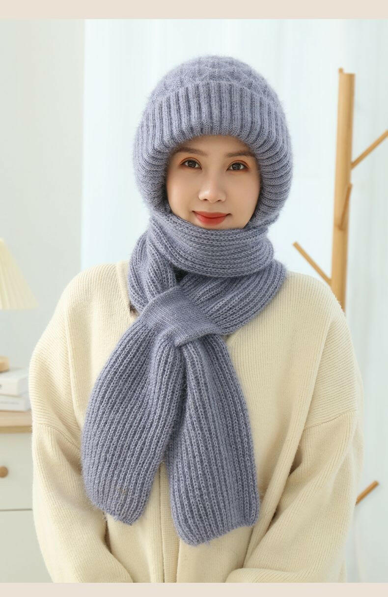 Women's Fleece-lined Scarf And Hat Winter Warm Knitted Hat Scarf.