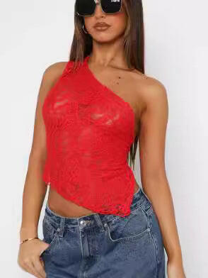 Ins Lace Backless Top Summer Solid Color Waistless Asymmetrical Sloped Neck Vest Streetwear Womens Clothes.