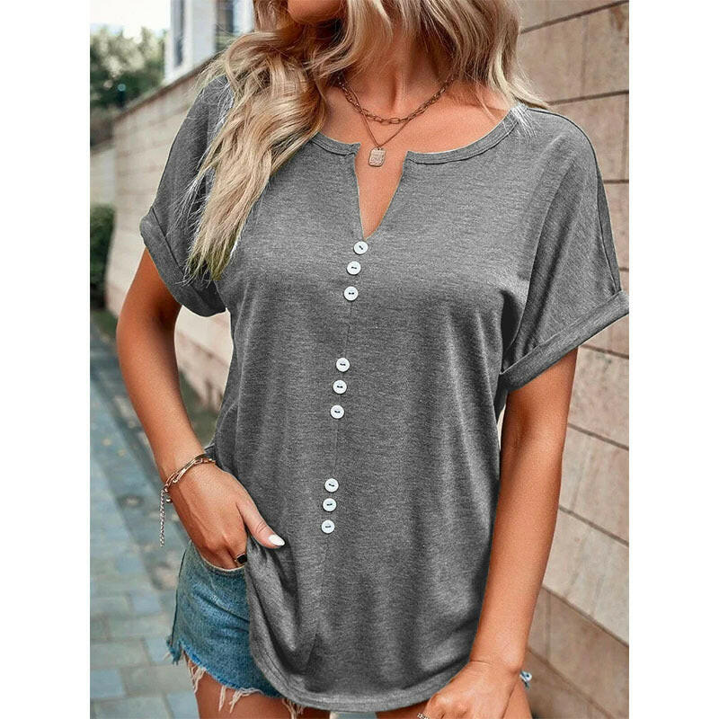 V-neck Short Sleeve Tops Shirt Summer Button Design Blouse.