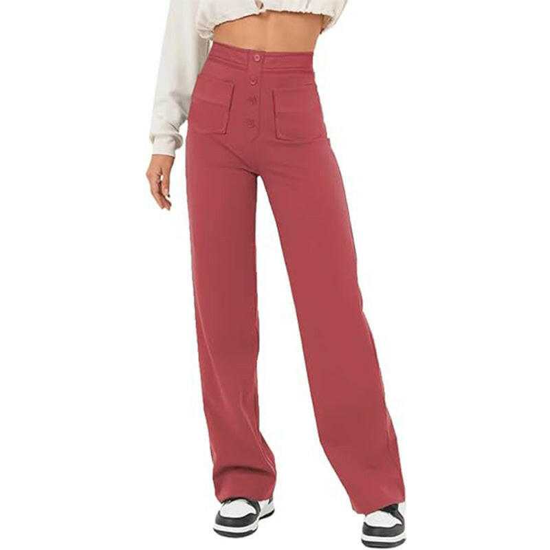 High Waist Trousers With Pockets Casual Loose Wide Leg Button Straight Pants Women's Clothing.