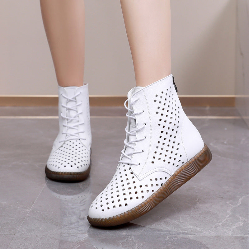 Flat bottomed soft leather perforated boots versatile oversized retro hollowed out Martin boots for women