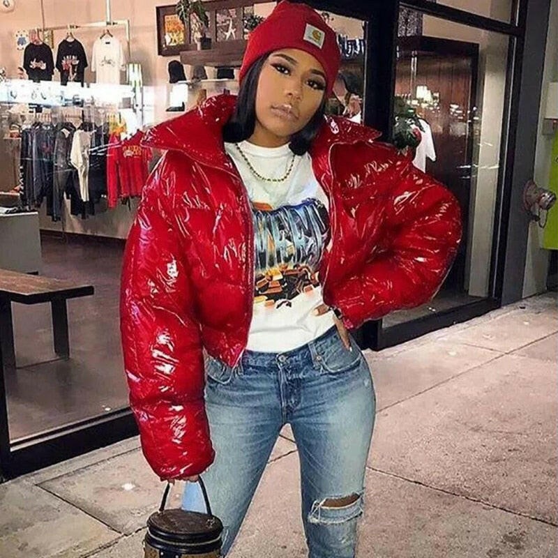 Sisterlinda Faux PU Leather Y2K Bubble Puffer Winter Warm Jacket Women Coats Long Sleeve Outerwear Zipper Casual Slim Parkas Kashur Mart .