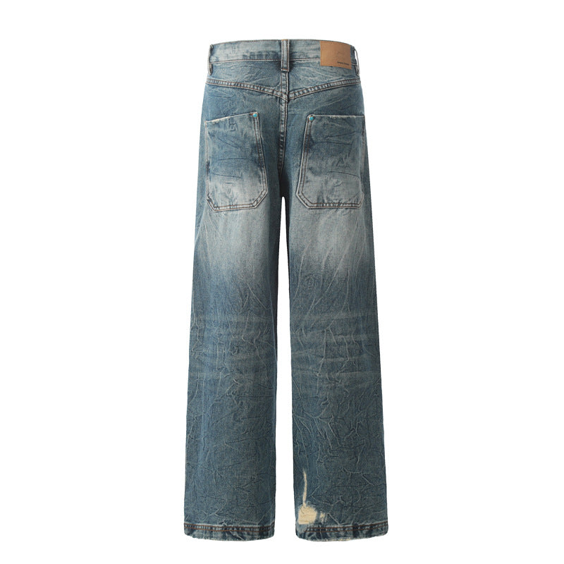 Street Trendy Distressed Denim Pants for Men Loose Straight Design Washed Floor-Length Wide-Leg Trousers