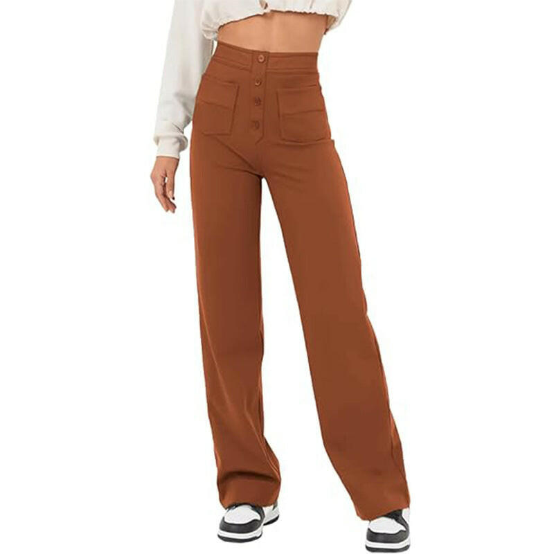 High Waist Trousers With Pockets Casual Loose Wide Leg Button Straight Pants Women's Clothing.