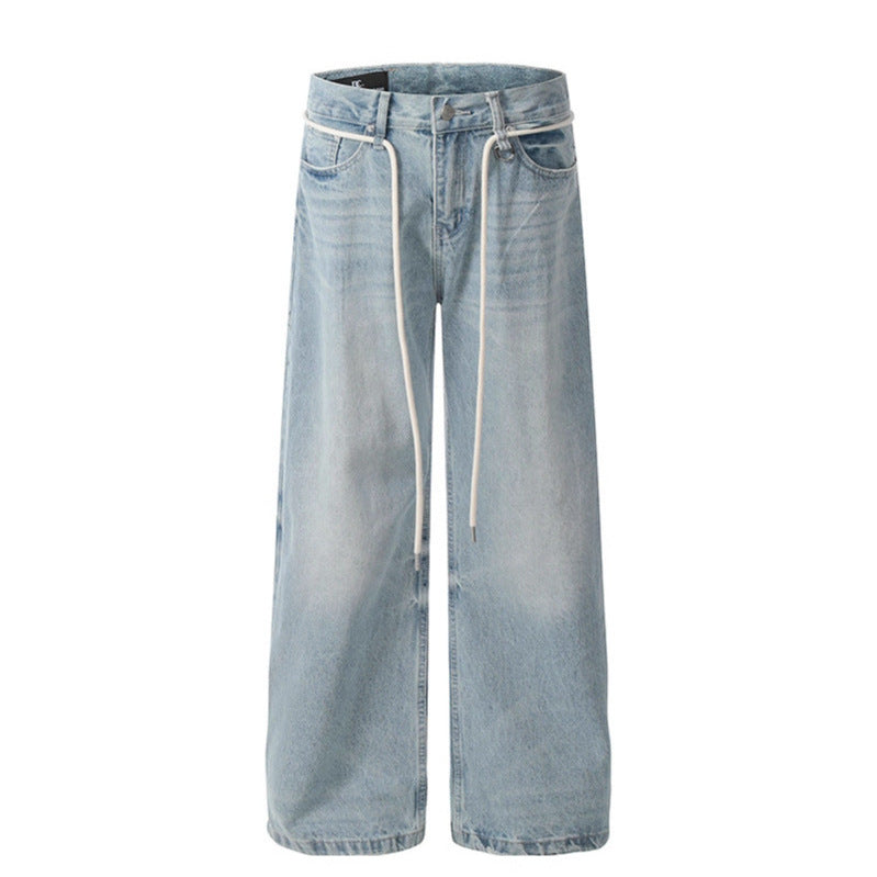Wash and make old corrugated drawstring wide leg blue denim jeans