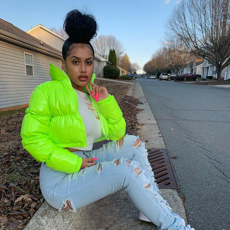 Sisterlinda Faux PU Leather Y2K Bubble Puffer Winter Warm Jacket Women Coats Long Sleeve Outerwear Zipper Casual Slim Parkas Kashur Mart .
