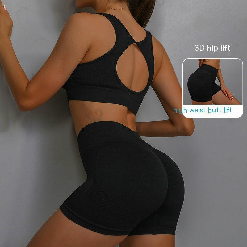 2pcs Sports Fitness Yoga Suit Breathable Hip-lifting Shorts And Hollow Out Back Bra Womens Clothing.