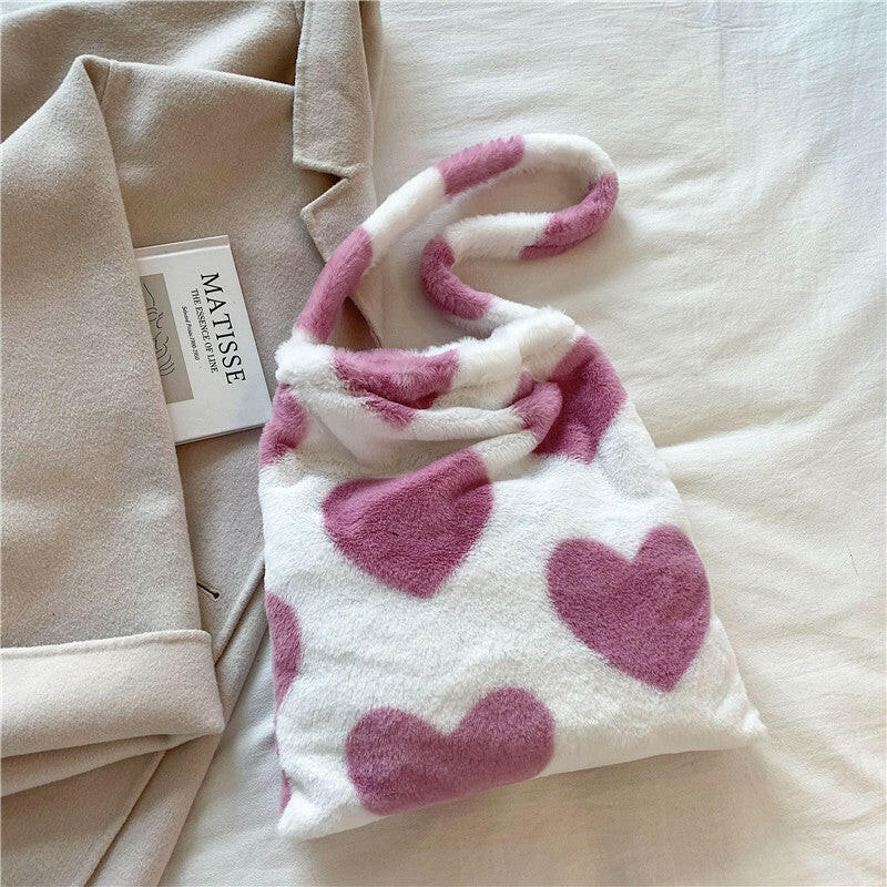 Love Heart Shoulder Bags Winter Plush Shopping Bags For Women Kashur Mart .