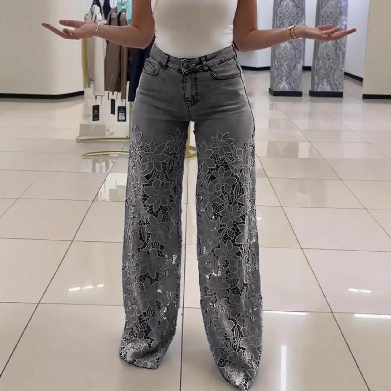 Y2K Lace Flowers Hollow Jeans Fashion High Waist Straight Wide Leg Pants Solid Color Trousers Women's Clothing.