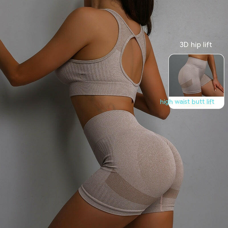 2pcs Sports Fitness Yoga Suit Breathable Hip-lifting Shorts And Hollow Out Back Bra Womens Clothing.