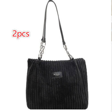 Retro Large Capacity Shoulder Bag Casual Simple Portable Shopper Tote Bag Corduroy Solid Commuter Zipper Women's Handbag Kashur Mart .
