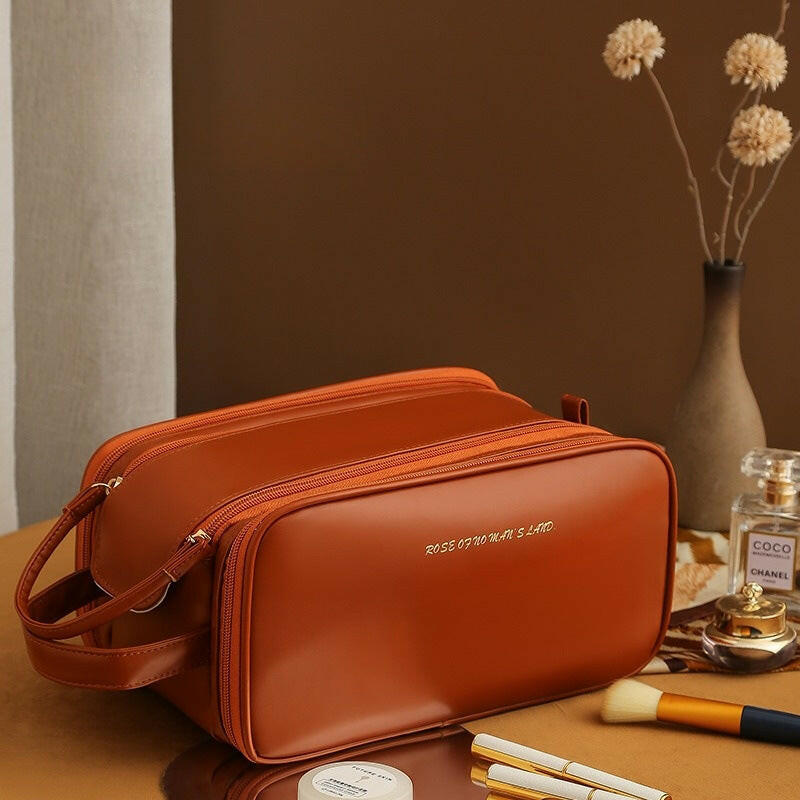 Three-layer Double Zipper U-shaped Design Cosmetic Bag Fashion High Capacity Make Up Bags Portable Pu Leather Storage Bag For Skin Care Products Kashur Mart .