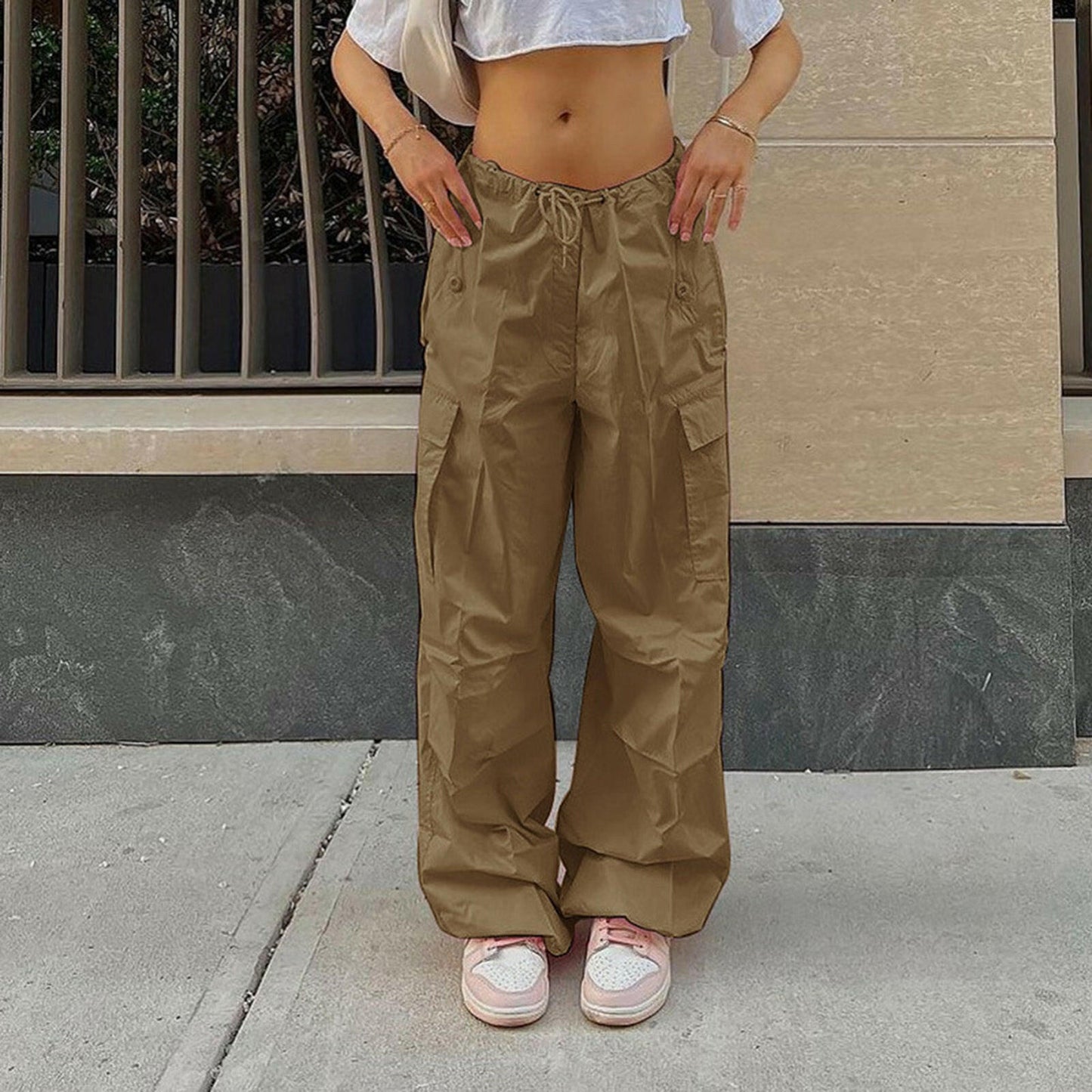 Casual Cargo Pants For Women Solid Color Drawstring Pocket Design Fashion Street Trousers Girls.