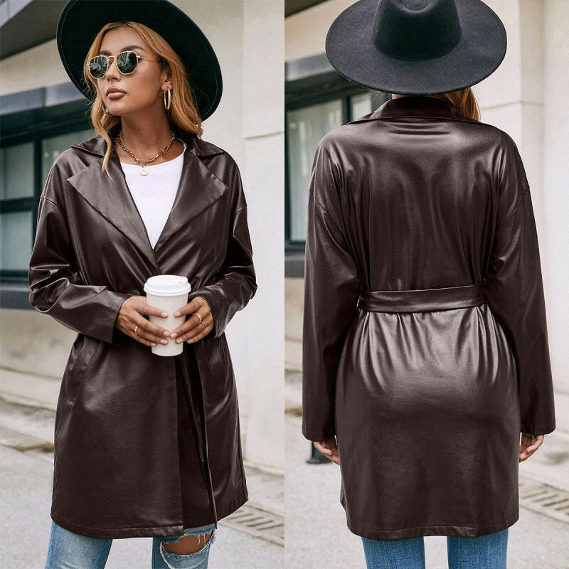Mid-length Leather Western-lace Slim Long-sleeved Trench Coat.