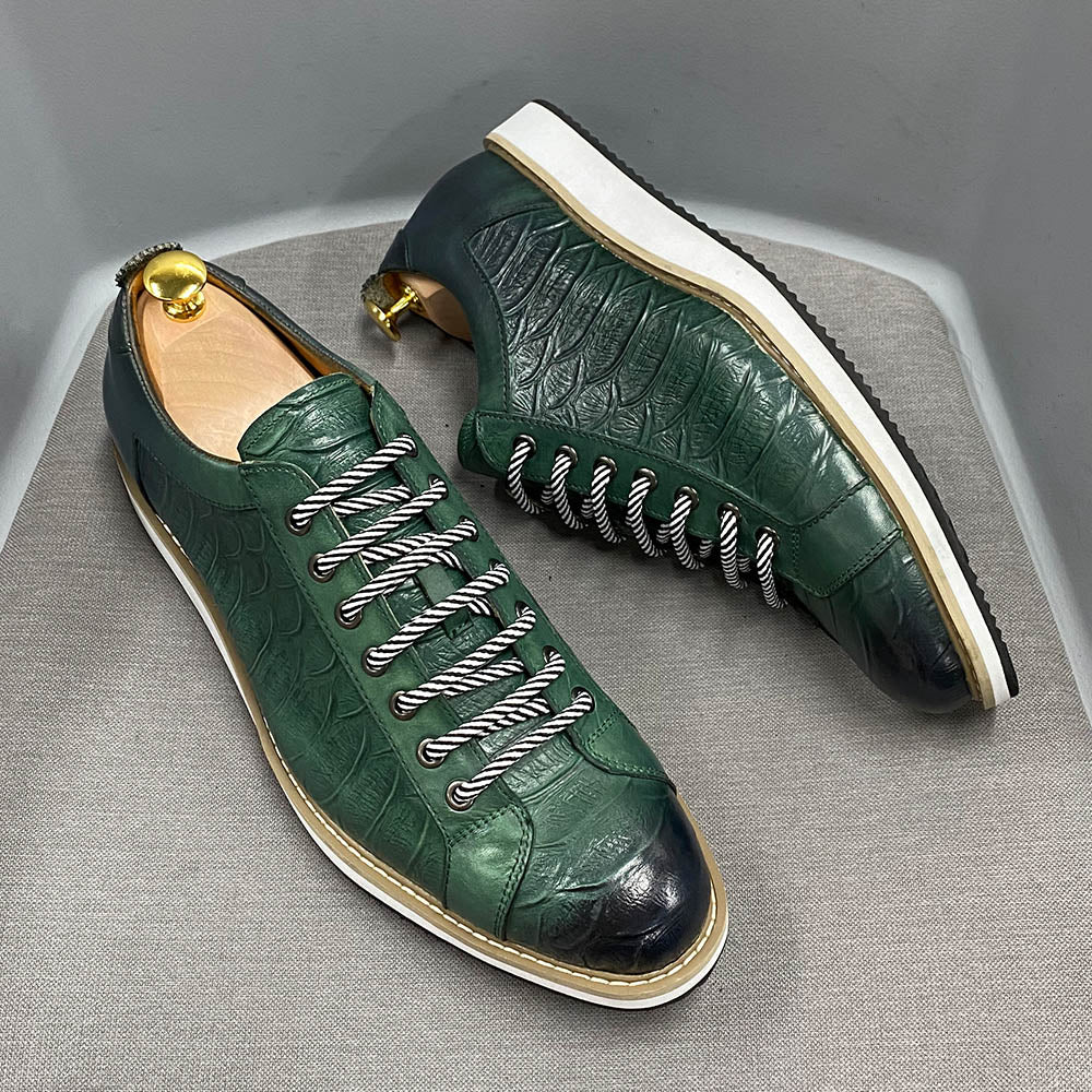 European Style Men's Casual Shoes Real Cow Leather Green Black Fashion Designer Luxury Crocodile Print Street Flat Shoes for Men